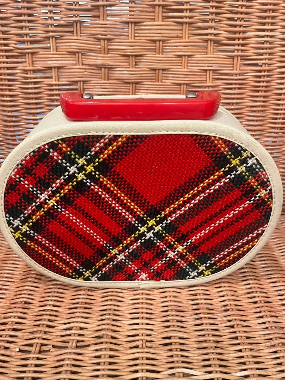 Red Tartan Oval Cosmetic Case with Cream Trim